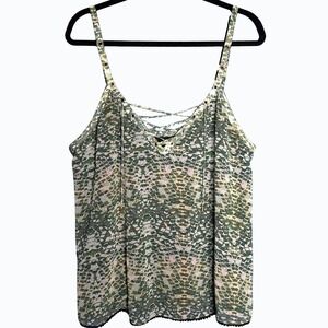 Guess Tank Top Womens XL Green Snakeskin Print‎ Lace Up Tie Neck Sleeveless